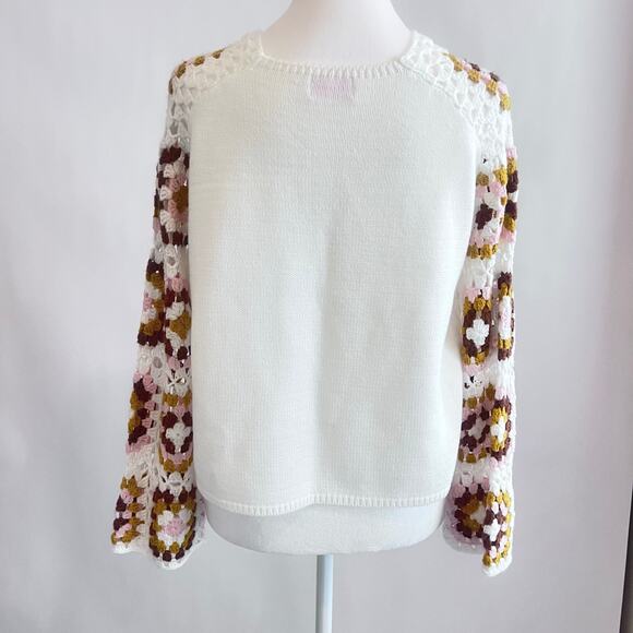 PINK LILY V-NECK RANDOM MIXED COLOR CROCHET SQUARE PATTERN BELL SLEEVE SWEATER - Picture 2 of 12